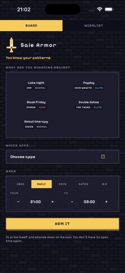 Setting up a guard in Sale Armor: choosing a spending trigger, the shopping apps to block, and the schedule